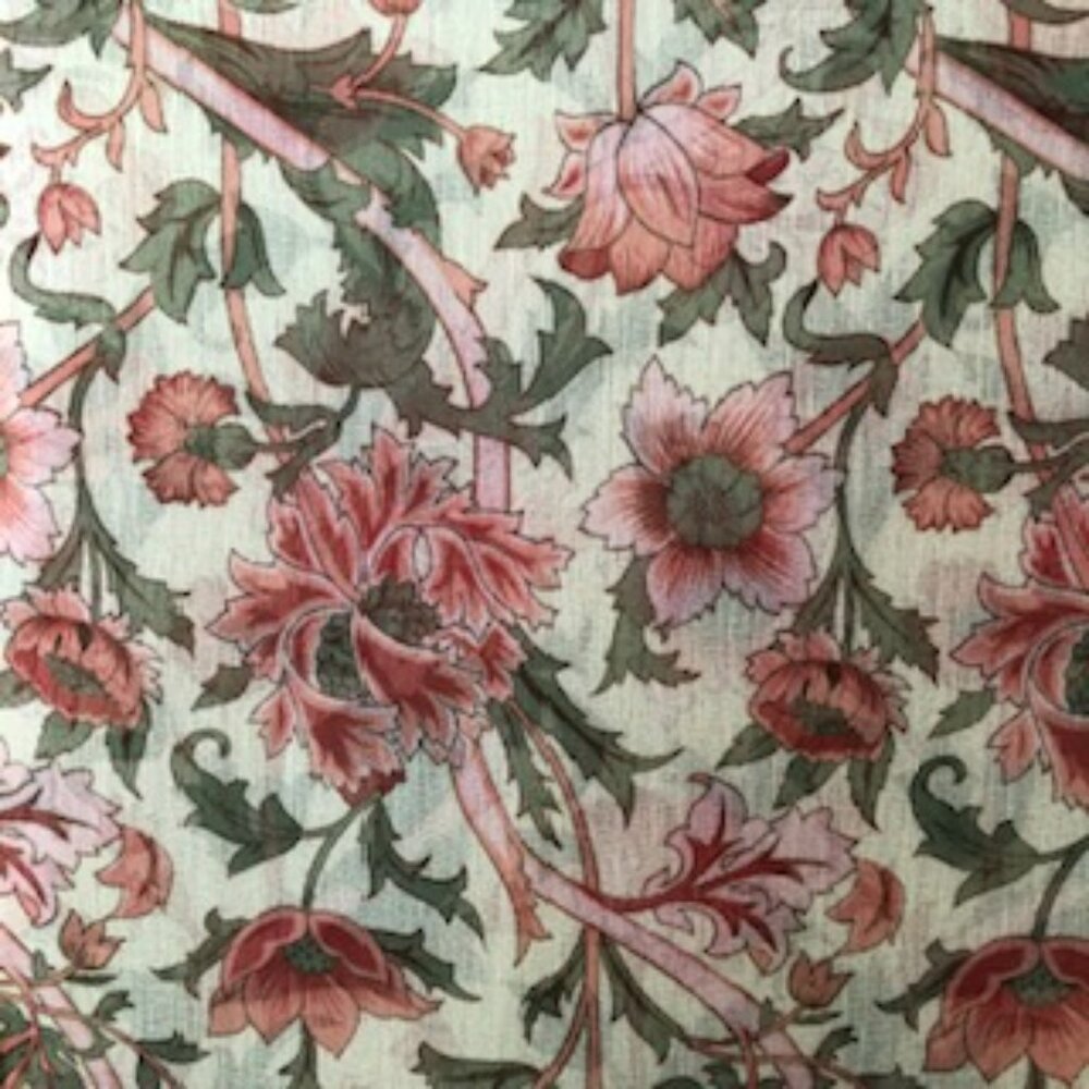3/$15 Oblong Crinkle Scarf Pink Salmon Burgundy Exotic Blooms On Pale Yellow